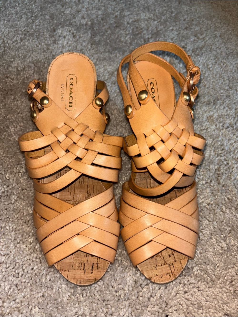 Coach Tan Leather Woven Strappy Cork Platform Block Heels Sandals Studded 8B